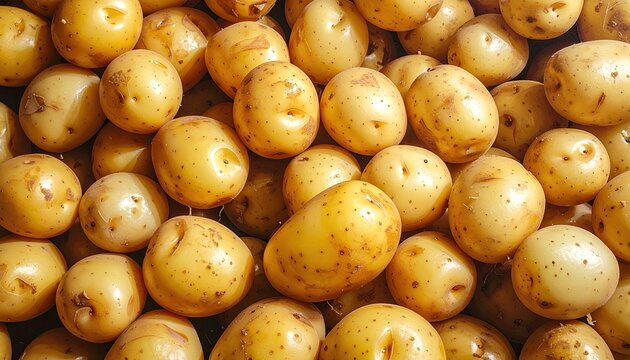 Close-up of a pile of small, yellow potatoes