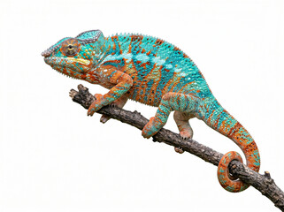 Fototapeta premium Colorful Panther Chameleon Perched on a Branch Isolated on White