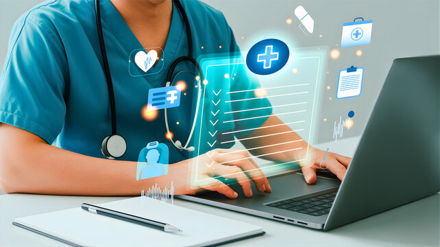Healthcare professional using a laptop with digital medical icons floating around, symbolizing advanced technology in medicine and patient care