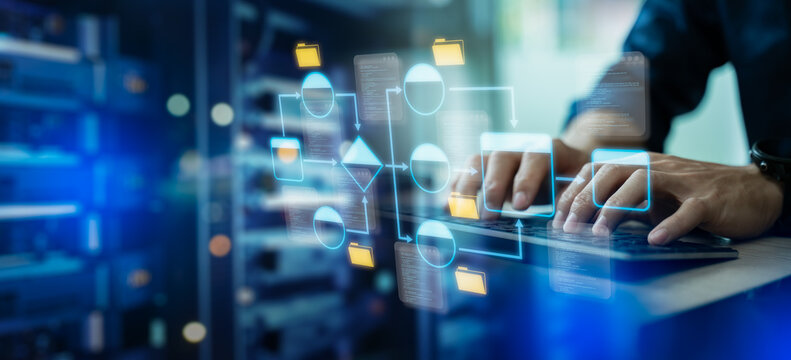Data infrastructure,workflows,data pipeline development.Data integration.Engineer using laptop computer to design data processing system,workflows in modern digital business systems,data server center