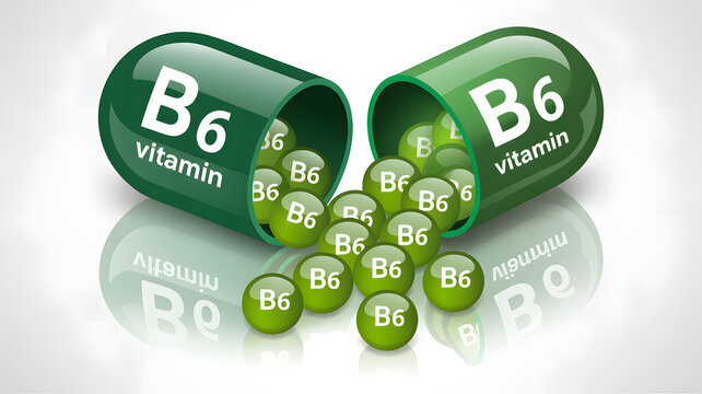 Vitamin B6 supplements spilling out of green capsules on a white background