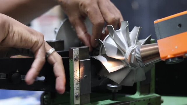 Close up of a mechanic hands setting up a metal turbine shaft on a precision dynamic balancing machine for technical maintenance in an industrial automotive workshop.