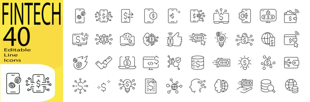 Fintech icon set. Editable stroke.