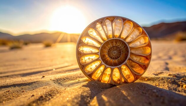 Intricate fossilized ammonite cross-section glowing in warm desert sunlight