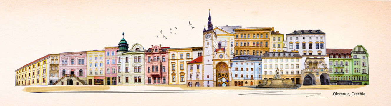 Olomouc, Czechia - Facades of old buildings at Horni namesti with in Olomouc, Moravia region, Czechia art collage