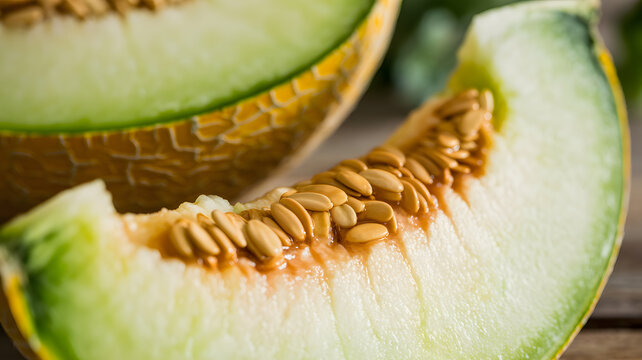 A close-up of a fresh green melon with seeds on a wooden surface