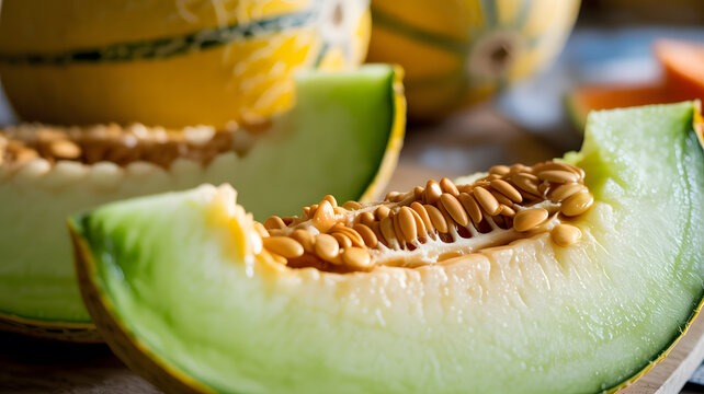A close-up of a sliced green melon with seeds on a wooden table with yellow melons