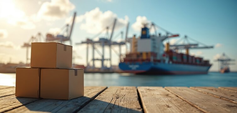 Three cardboard boxes sit on a wooden pier. A large cargo ship and cranes fill the background of a busy port. Global trade and shipping services are conceptualized.