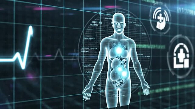 Digital medical icons and symbols floating on a grid background, representing healthcare and technology concepts