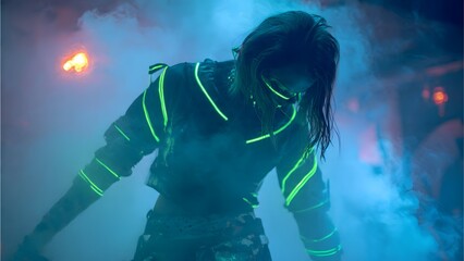 Obraz premium Futuristic young woman wearing neon glowing clothing in night club smoke