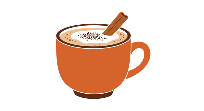 Illustration of a warm chai latte in an orange mug with a cinnamon stick, set against a white background, showcasing a cozy and inviting atmosphere