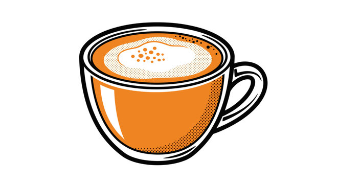 Illustration of a chai latte in a ceramic mug with frothy top and sprinkled spices, bold outlines, isolated on white background