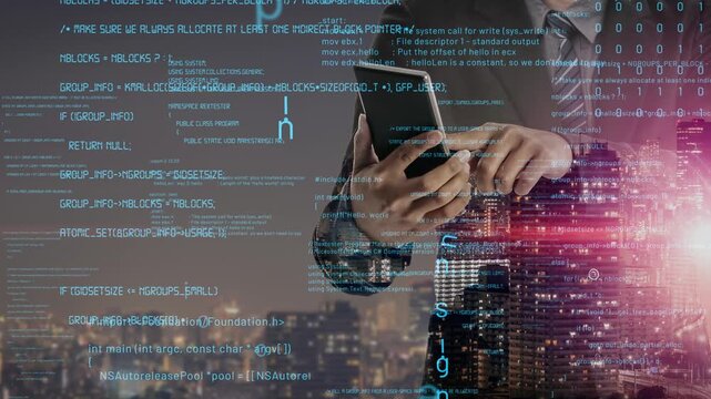 A businessman interacts with a tablet amid a virtual world of binary code and digital data, showcasing the intersection of technology and modern finance in a dynamic cityscape. Xenic