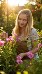 Fototapeta premium A woman tending pink flowers in a garden