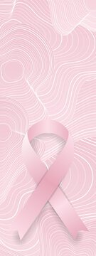 Breast cancer awareness month. Pink ribbon and wavy shapes abstract background. Women healthcare vertical banner vector design