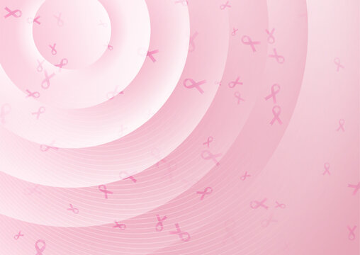 Breast cancer awareness month. Pink ribbons and glossy circles abstract background. Women healthcare vector design