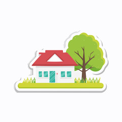 Fototapeta premium Simple House with Tree and Grass Illustration