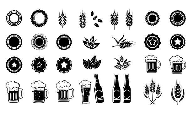 Beer Brewery Icon Set with Wheat Barley Mug Bottle Badge Labels and Craft Brewing Symbols for Pub Branding Beverage Packaging and Festival Design