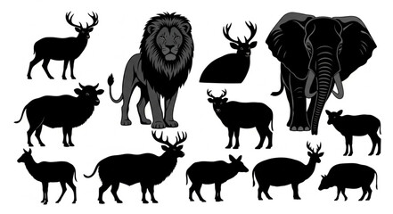 Collection of Silhouette Animals Including Lion Elephant Deer and Cow. © Empik