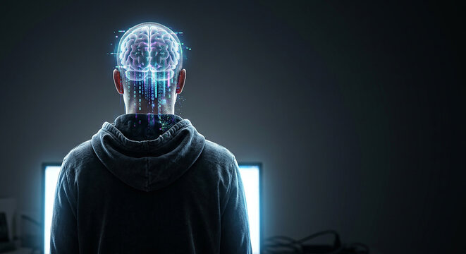 Back view of person with illuminated digital brain, wearing hoodie, in front of a computer screen.