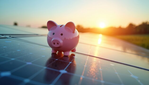 Pink piggy bank sits on solar panels at sunset. Concept for saving money on energy and investing in renewable power generation for a sustainable future.