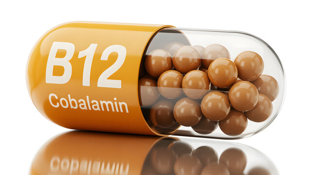 A vitamin B12 capsule with cobalamin pills inside on a white background