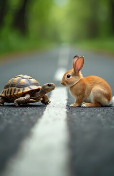 Cute rabbit and tortoise face each other on road. Nature and competition concept. Symbol of slow versus quick, determination, and overcoming odds. Funny tale start.
