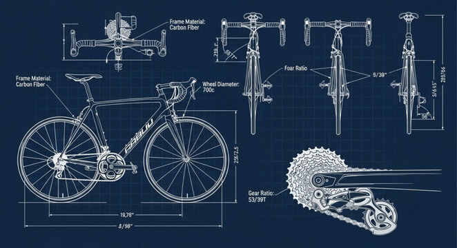 Detailed Blueprint of a Bicycle and Components.