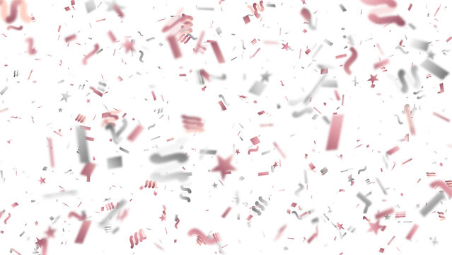 Rose gold confetti falling on white background, metallic pink party streamers and stars, festive celebration overlay for wedding and birthday