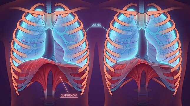 Visual representation of diaphragm movement during breathing phases, showcasing ribcage and muscle dynamics in vibrant colors