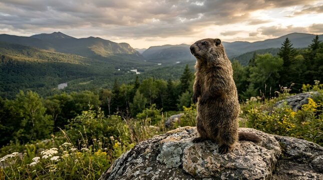 A wild woodchuck standing on a rock overlooking a vast mountain valley during golden hour sunset