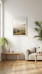 Fototapeta premium A modern living room featuring a large mountain view picture on the wall, wooden floor, comfortable seating, and an indoor plant.