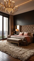Fototapeta premium Bedroom in a luxurious hotel featuring a king-sized bed, velvet headboard, plush sofa, and modern furniture set against the backdrop of city views from the large windows.