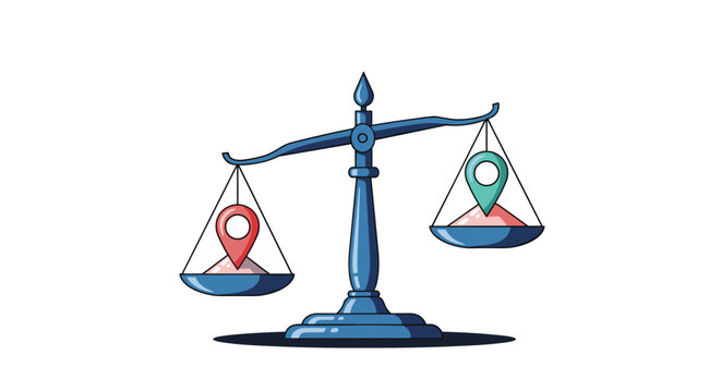 Classic balance scale with a red and a green location pin on each side representing a choice or comparison of places.