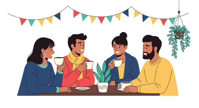 Group of diverse young friends sitting together at a table in a modern cafe enjoying hot drinks and friendly conversation.