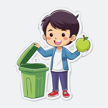 Boy throwing apple core into trash can