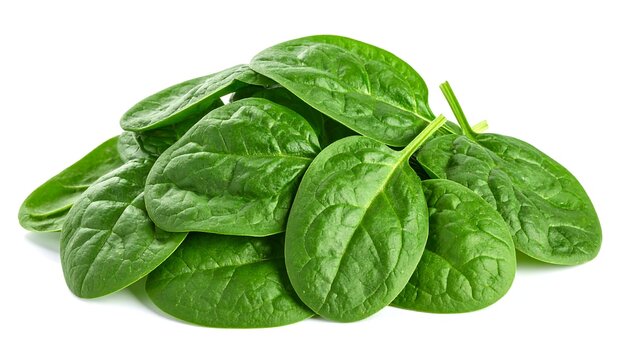 Close up Pile of fresh green baby spinach leaves isolated on white background organic raw food