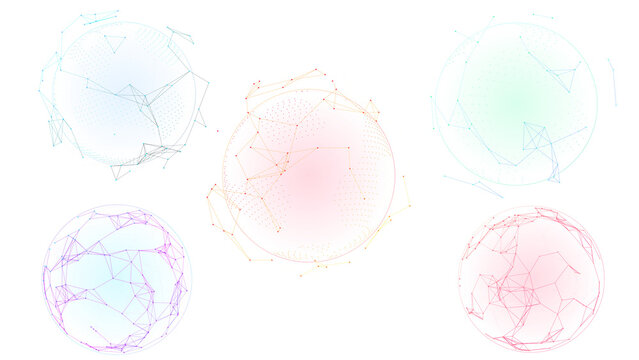 Abstract digital plexus spheres set, colorful geometric network globes on white background, futuristic 3D data connection orbs for technology design