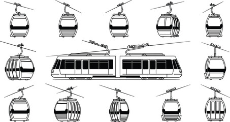 Gondola Lift Vector Set Featuring Various Cable Car Models and an Aerial Tramway for Mountain Tourism Isolated on White Background for Transportation and Travel Designs © AFRUZA