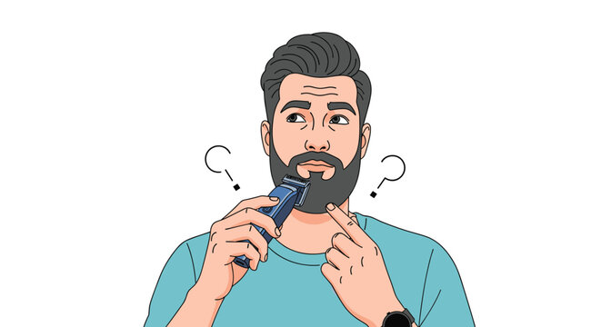 Man looking thoughtful and questioning while holding an electric beard trimmer preparing to style his facial hair.