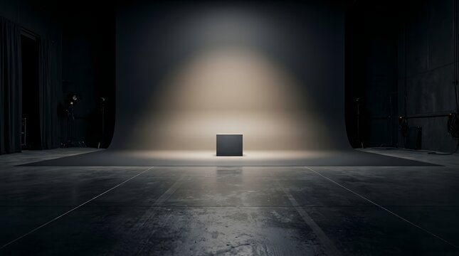 Clean and dramatic studio scene with soft spotlight illuminating an empty pedestal in a dark environment. Ideal for product mockups, branding presentations, and luxury advertising concepts.