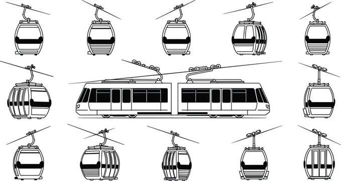 Gondola Lift Vector Set Featuring Various Cable Car Models and an Aerial Tramway for Mountain Tourism Isolated on White Background for Transportation and Travel Designs