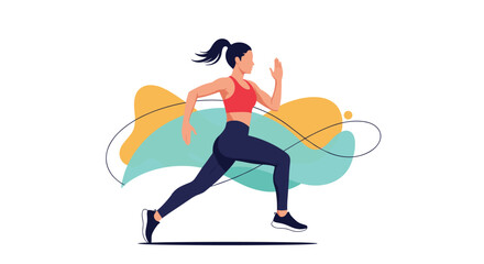 Fototapeta premium Athletic woman running fast with long strides against an abstract background of colorful shapes representing energy and movement.