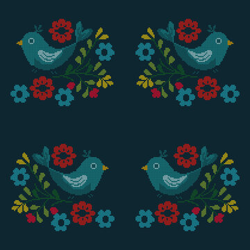 Cross stitch embroidery pattern with blue birds and colorful flowers on dark background. Folk art floral vector illustration in needlework style.