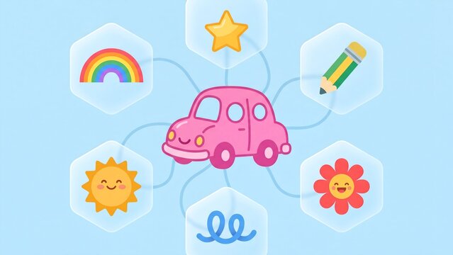  Kawaii Pink Car Character with Object Icons in Hexagon Mind Map Layout Illustration for Children Education Sticker and Playful Design