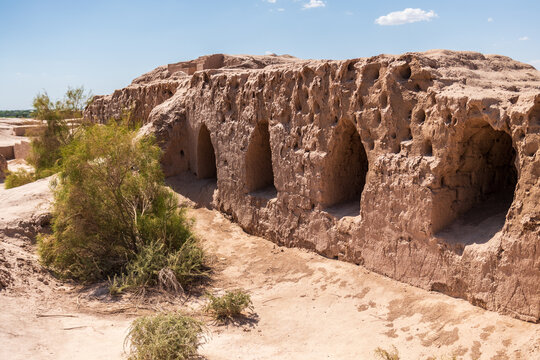 A detail of the ruined city of Topraq-Kala. These ruins are all that remain of a once-imporant city along the Silk Road.