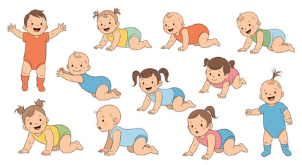 Obraz premium Set of adorable babies in various stages of movement such as crawling, standing, and sitting shown in a playful and soft color palette.