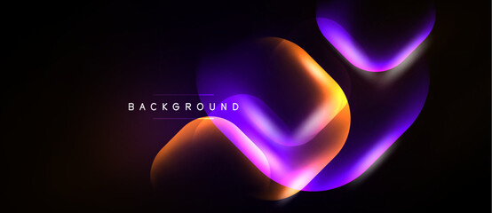 Abstract design features vibrant glowing shapes over dark background. Modern, dynamic composition creates futuristic feel. © antishock