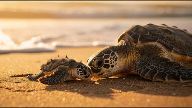 Golden sunset light illuminates a mother sea turtle and her hatchling on a tranquil sandy beach