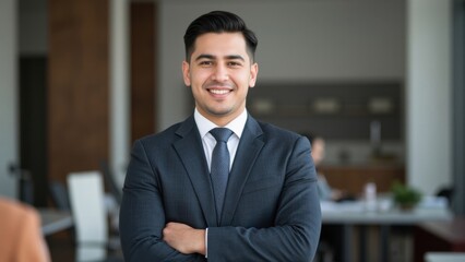 Fototapeta premium Smiling businessman in suit and tie, standing confidently in an office environment.
